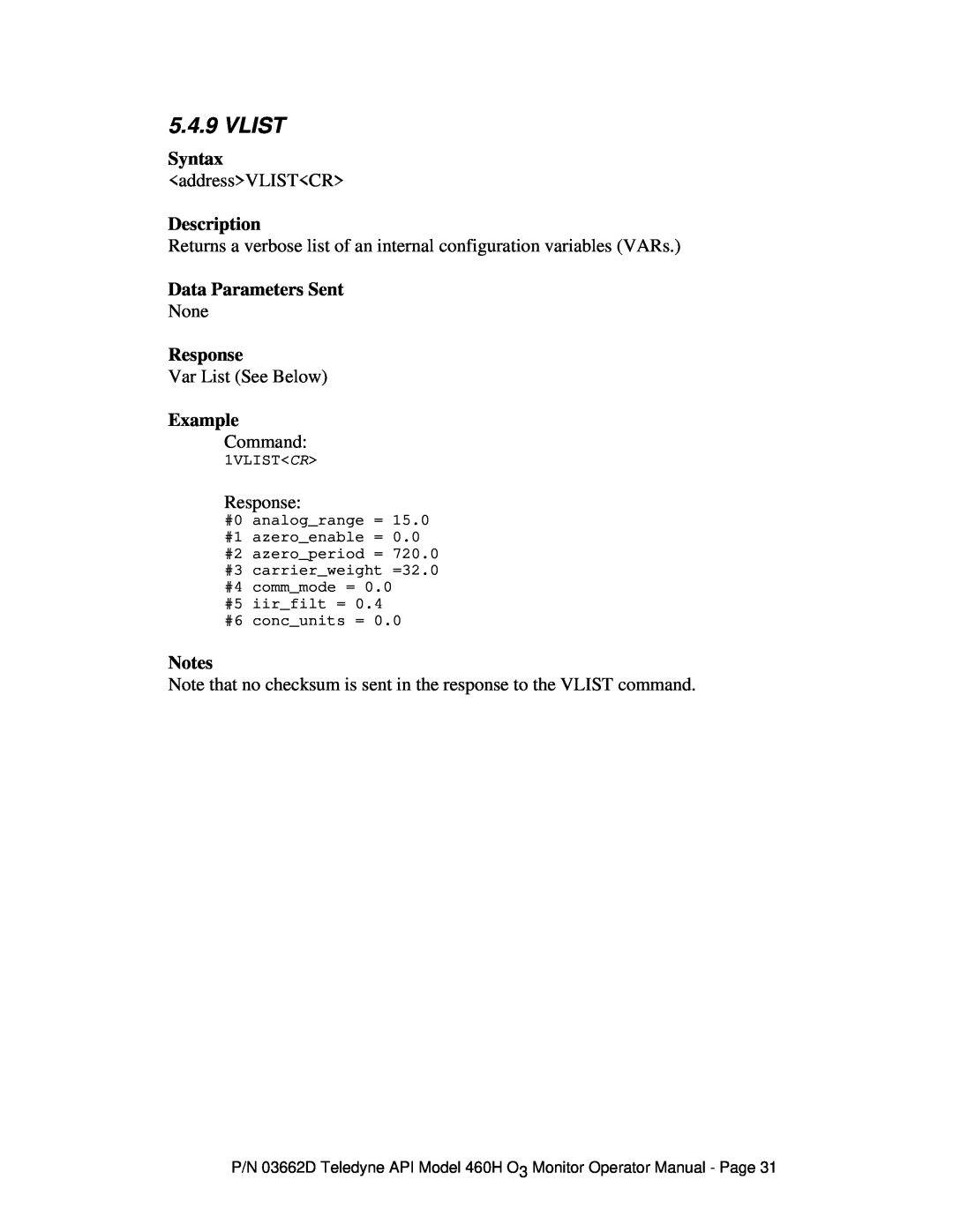 Teledyne 460H instruction manual Vlist, Syntax, Description, Data Parameters Sent, Response, Example, 1VLISTCR 