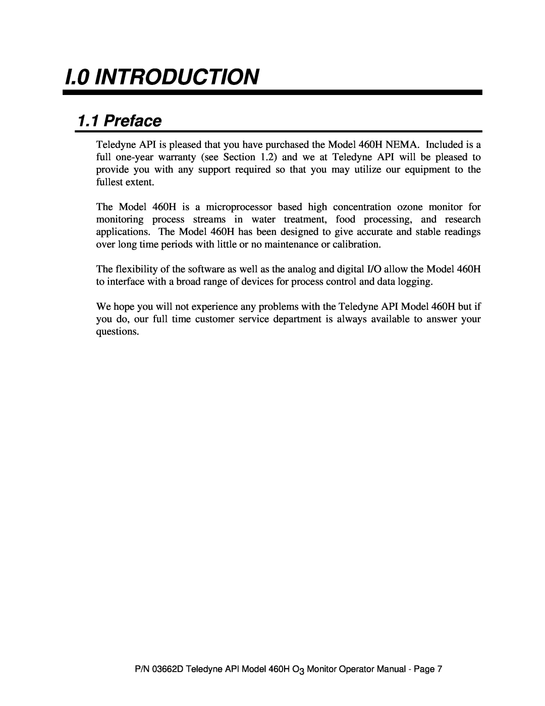 Teledyne 460H instruction manual I.0 INTRODUCTION, Preface 