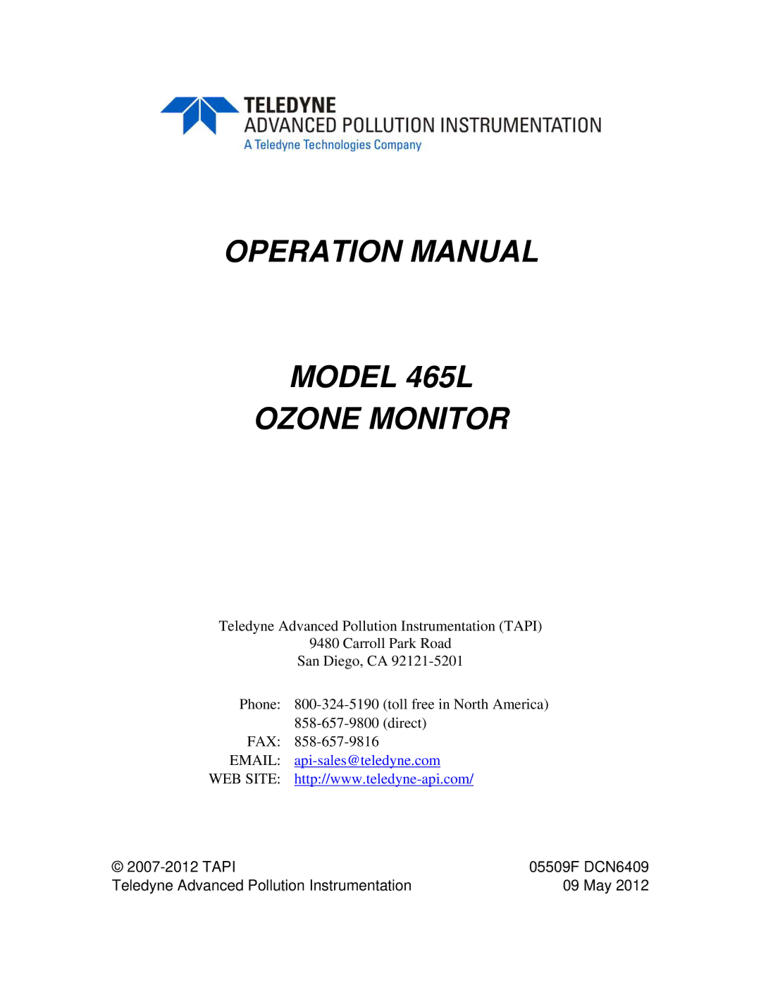 Teledyne operation manual Model 465L Ozone Monitor 