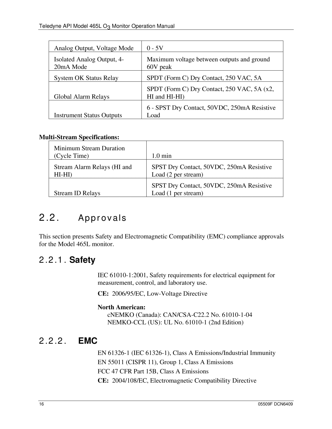 Teledyne 465L operation manual Approvals, Safety, Emc, Multi-Stream Specifications, North American 