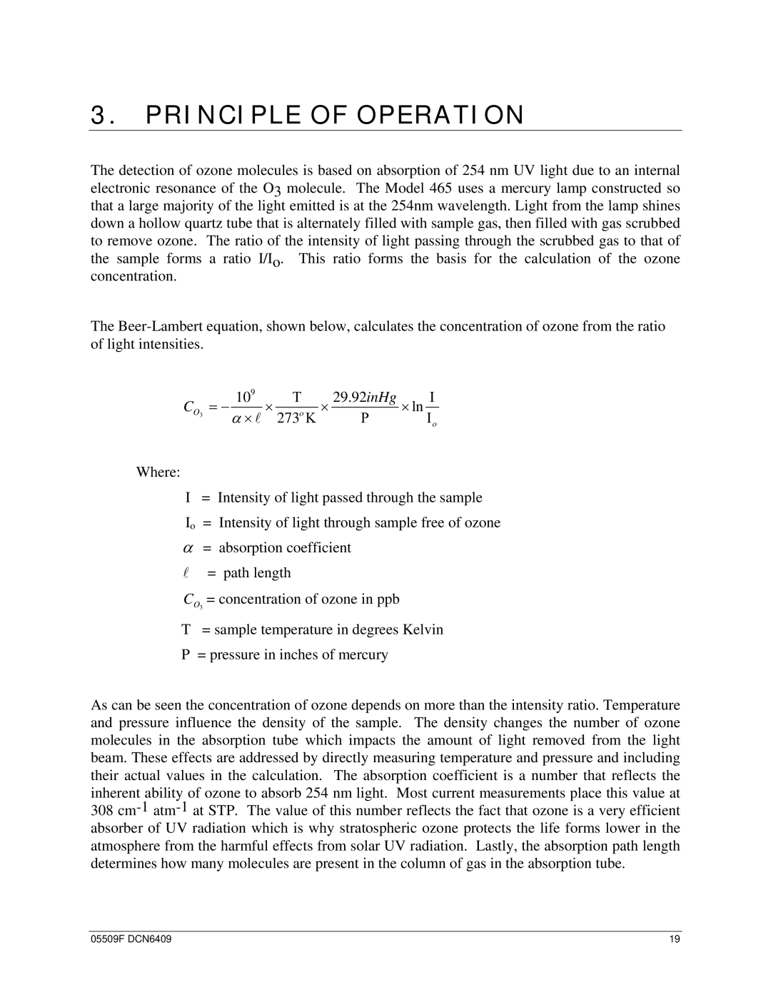 Teledyne 465L operation manual Principle of Operation, = − InHg × ln ×  273 