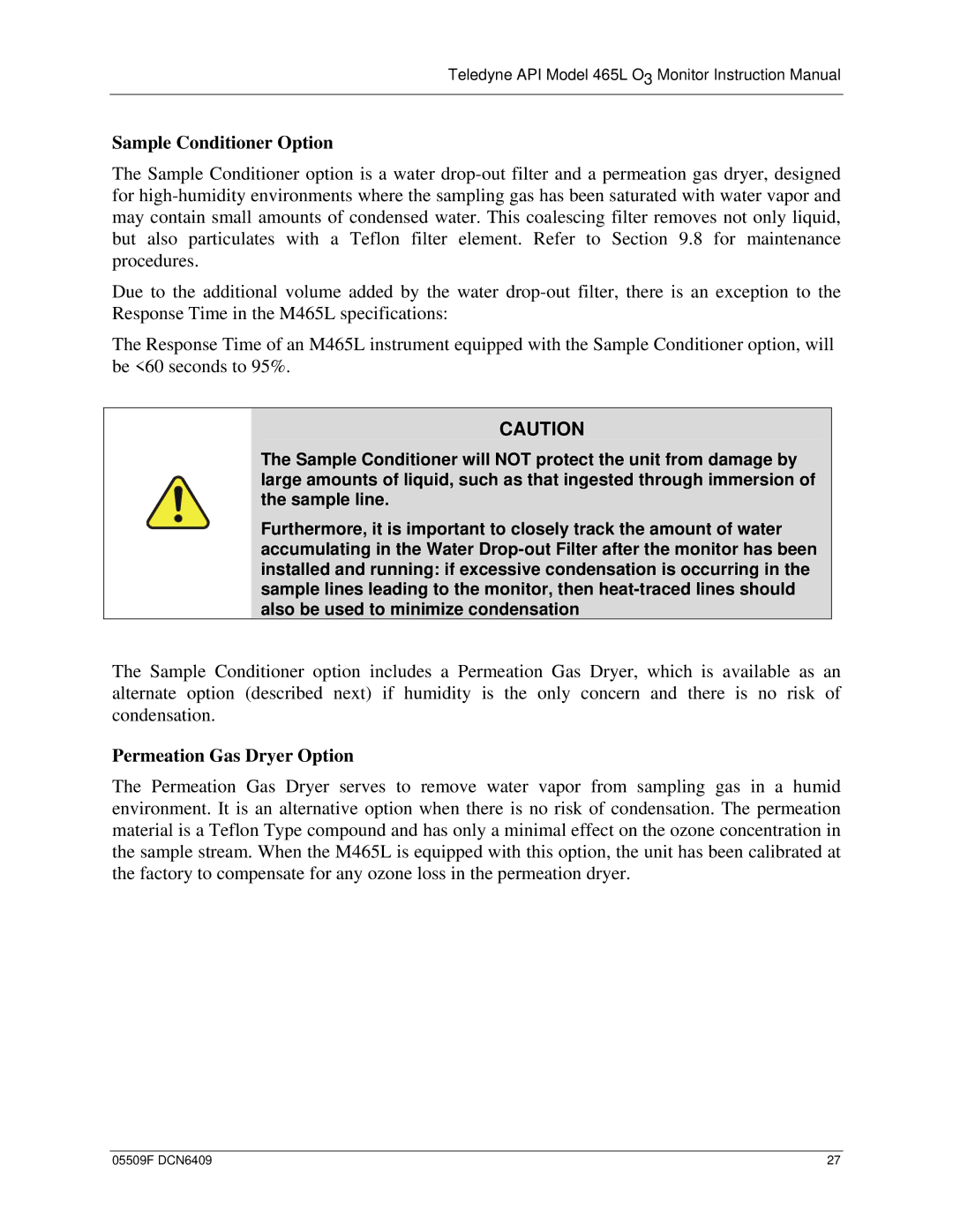 Teledyne 465L operation manual Sample Conditioner Option, Permeation Gas Dryer Option 