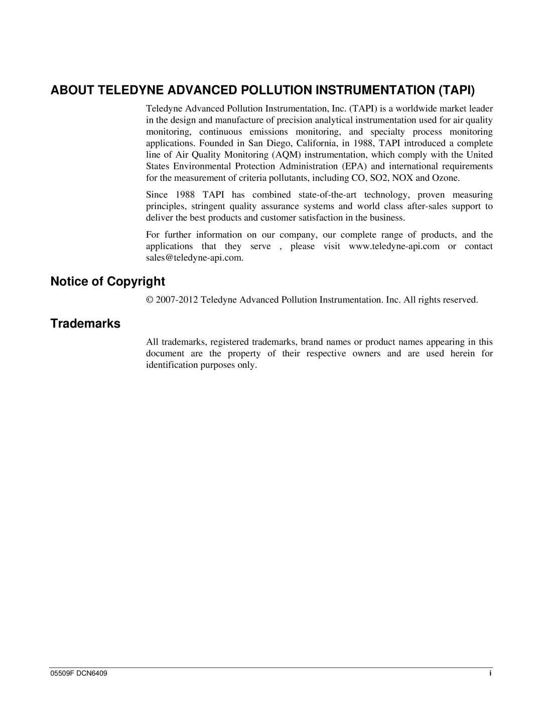 Teledyne 465L operation manual About Teledyne Advanced Pollution Instrumentation Tapi 