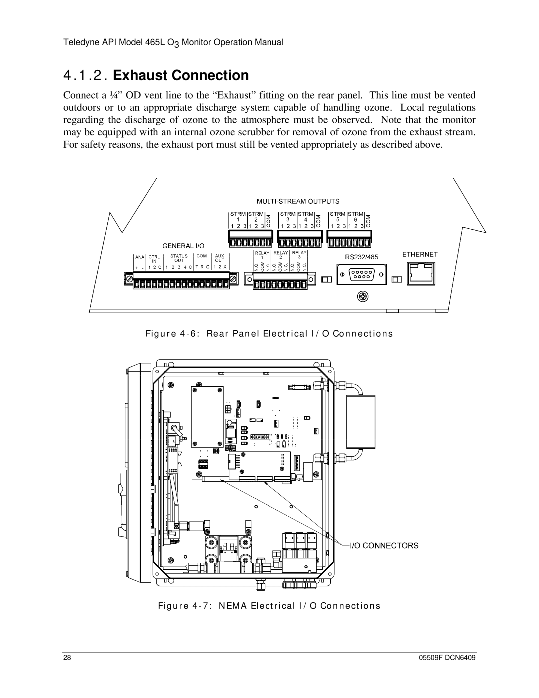 Teledyne 465L operation manual Exhaust Connection, Rear Panel Electrical I/O Connections 