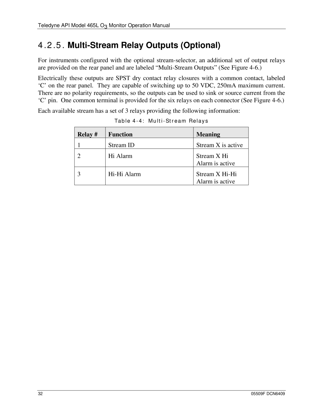 Teledyne 465L operation manual Multi-Stream Relay Outputs Optional, Relay # Function Meaning 