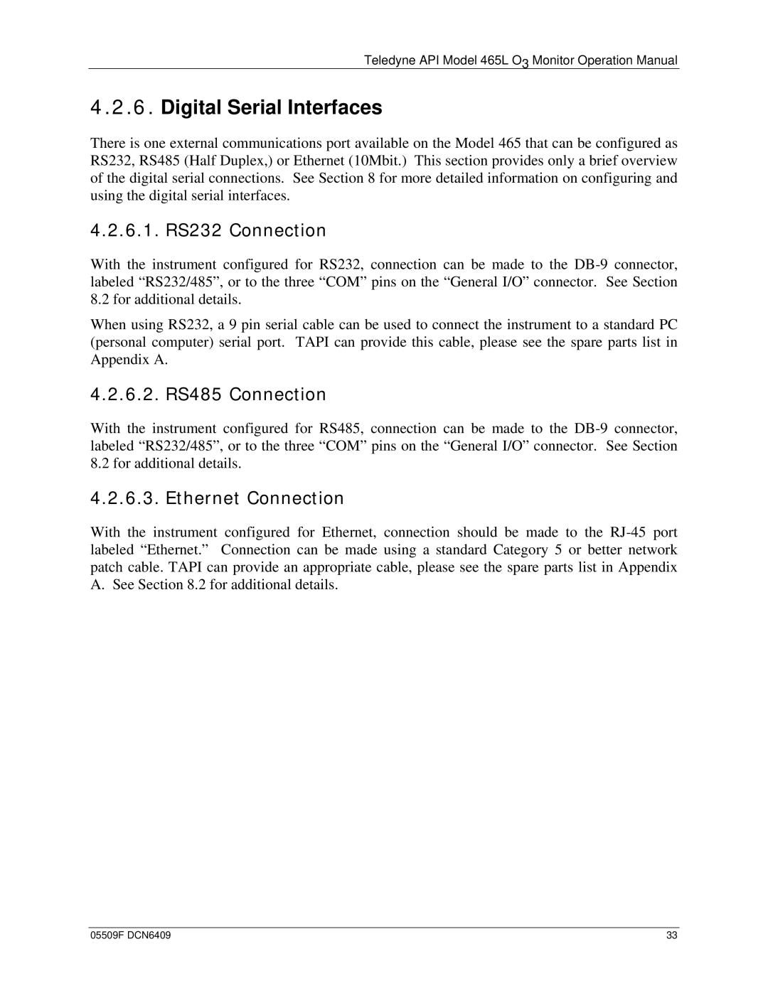 Teledyne 465L operation manual Digital Serial Interfaces, 6.1. RS232 Connection, 6.2. RS485 Connection, Ethernet Connection 