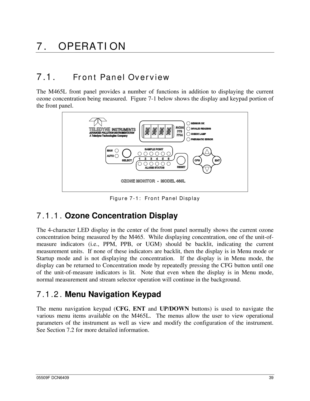 Teledyne 465L operation manual Operation, Front Panel Overview, Ozone Concentration Display, Menu Navigation Keypad 