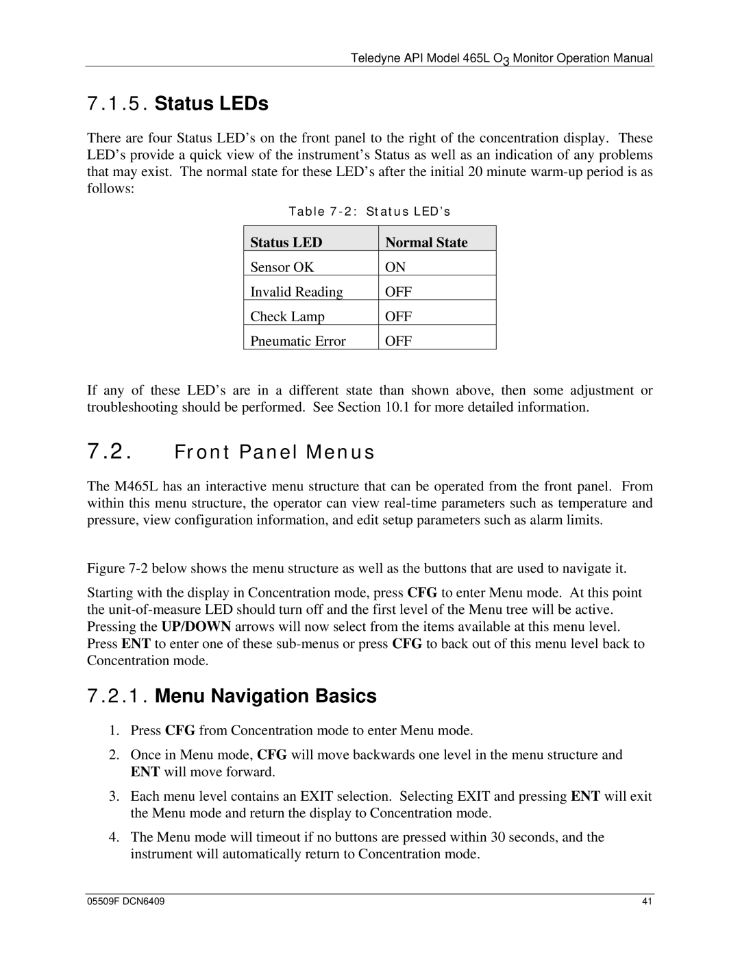 Teledyne 465L operation manual Status LEDs, Front Panel Menus, Menu Navigation Basics, Status LED Normal State 