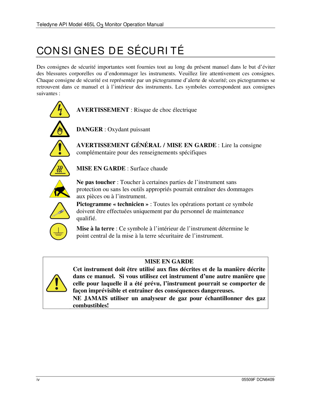 Teledyne 465L operation manual Consignes DE Sécurité, Mise EN Garde 