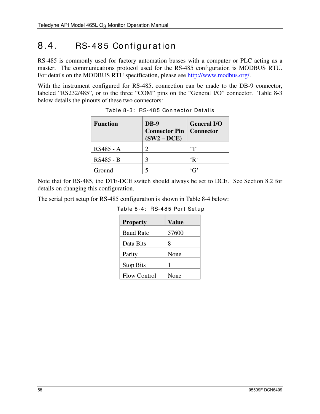 Teledyne 465L operation manual RS-485 Configuration, Function DB-9 General I/O Connector Pin SW2 DCE 