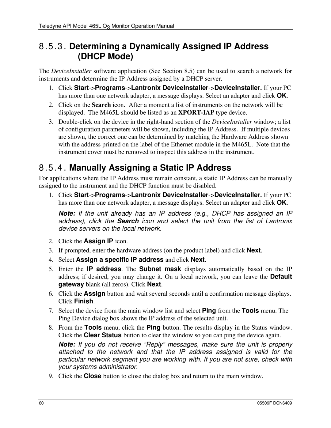 Teledyne 465L Determining a Dynamically Assigned IP Address Dhcp Mode, Manually Assigning a Static IP Address 