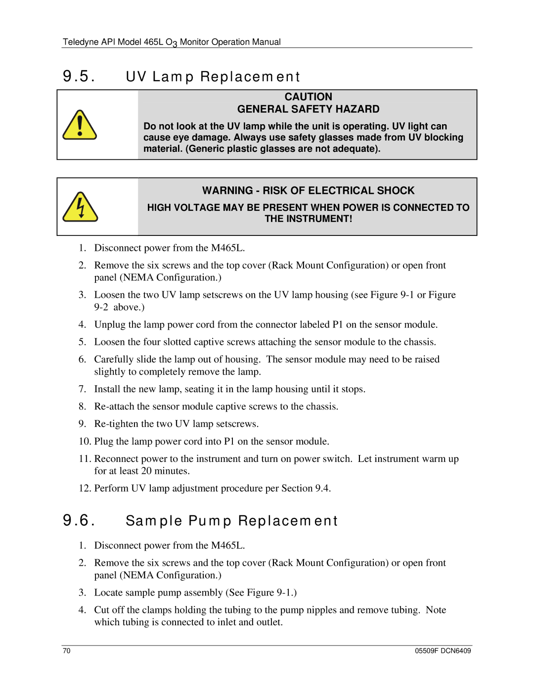 Teledyne 465L operation manual UV Lamp Replacement, Sample Pump Replacement 