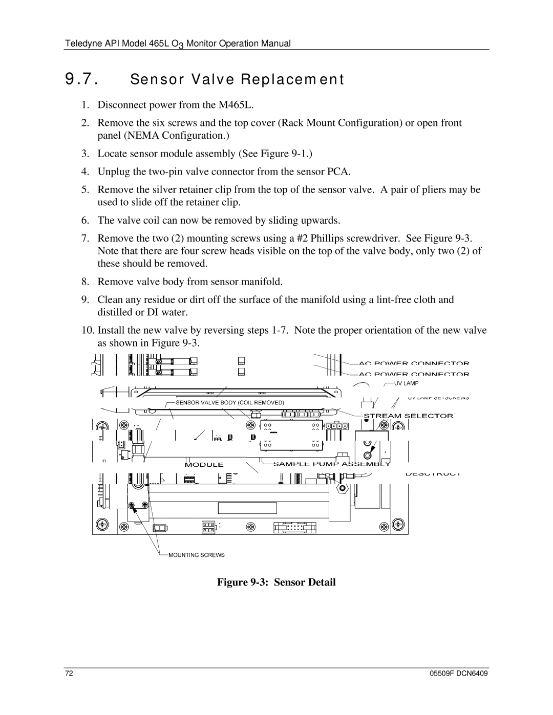 Teledyne 465L operation manual Sensor Valve Replacement, Sensor Detail 