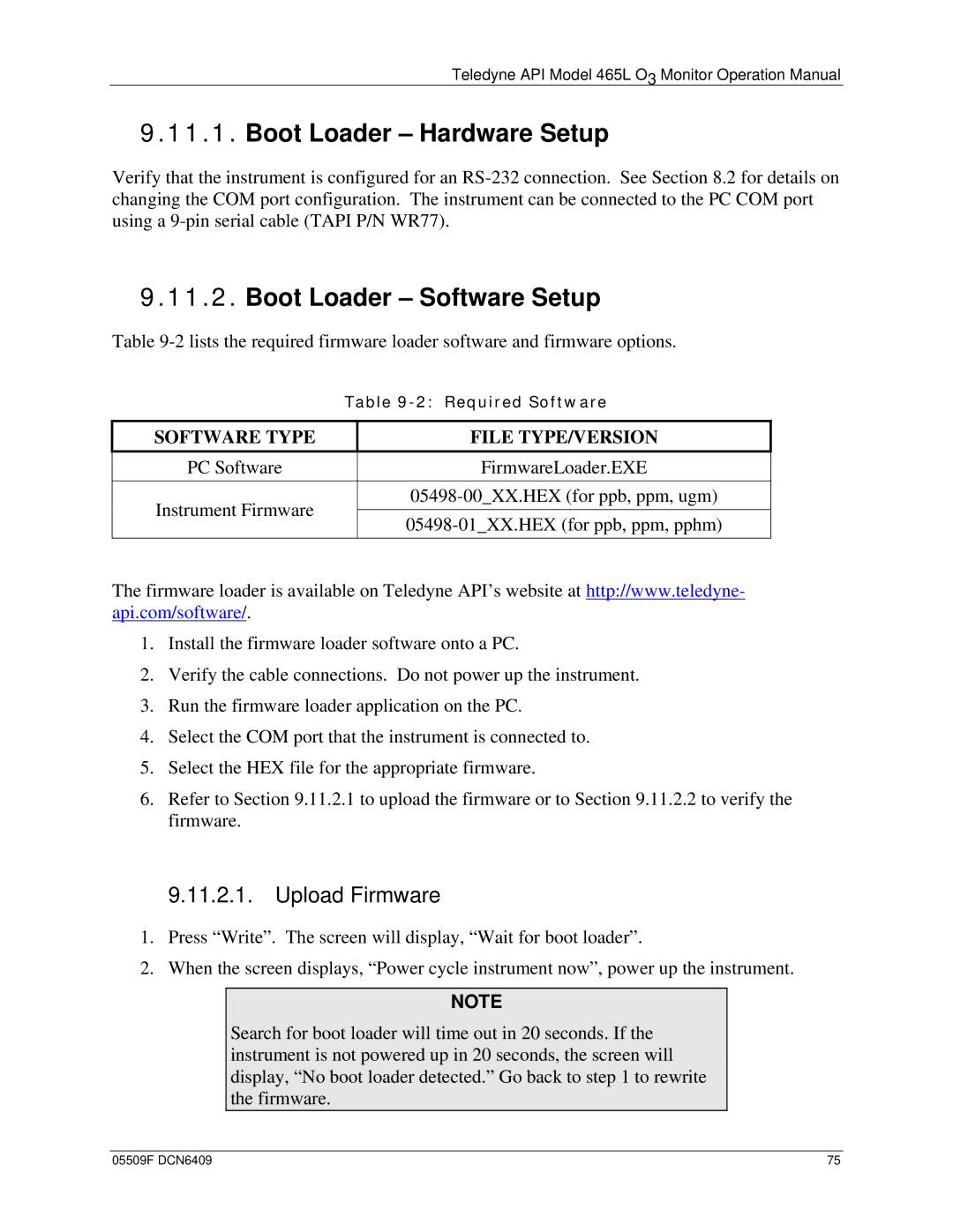 Teledyne 465L operation manual Boot Loader Hardware Setup, Boot Loader Software Setup, Upload Firmware 