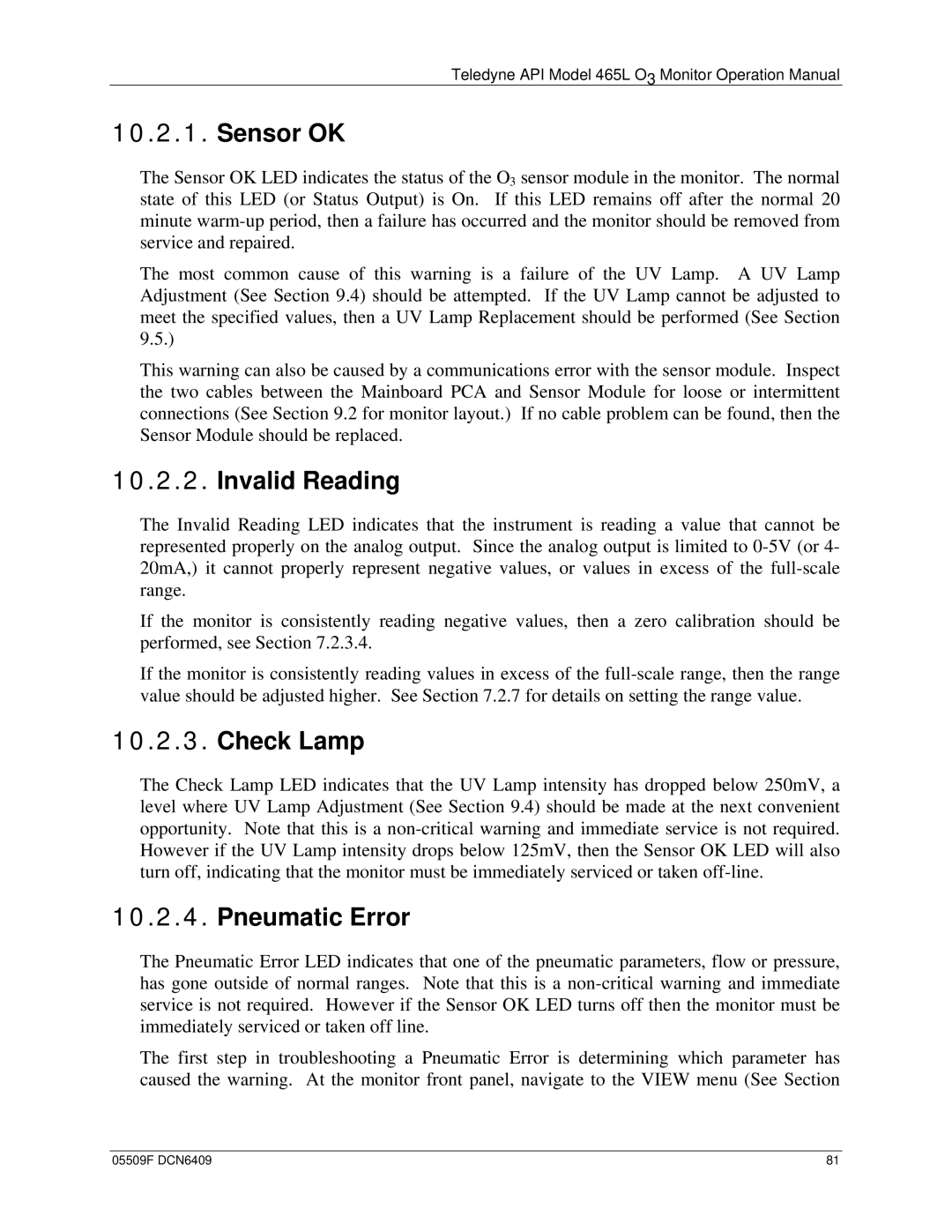 Teledyne 465L operation manual Sensor OK, Invalid Reading, Check Lamp, Pneumatic Error 