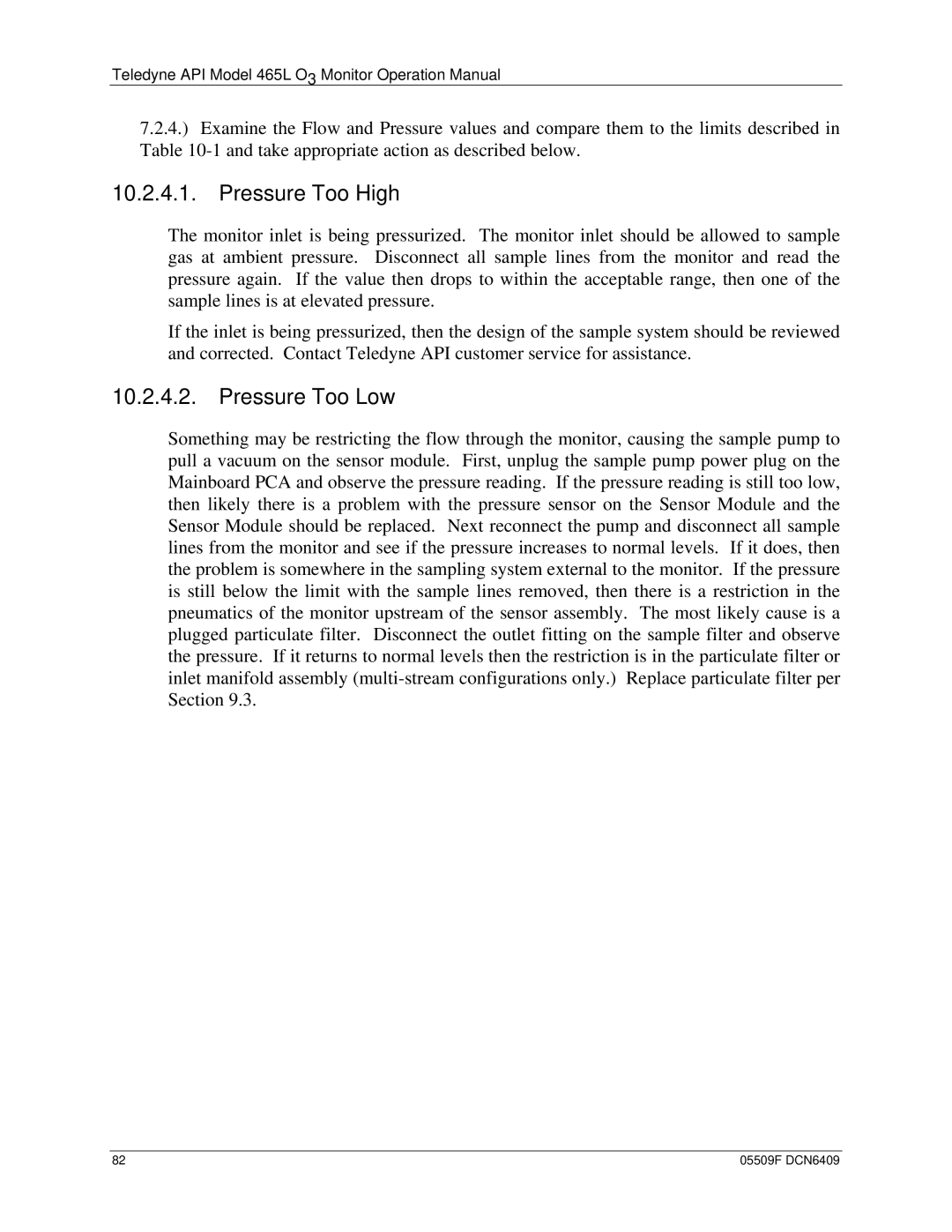 Teledyne 465L operation manual Pressure Too High, Pressure Too Low 