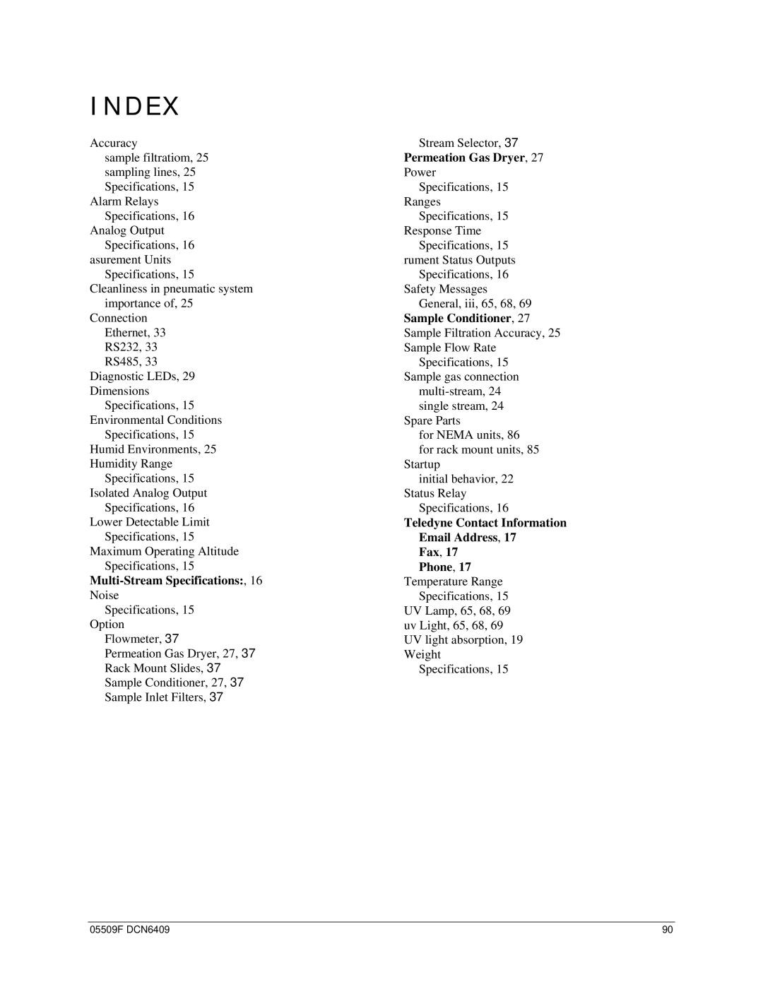 Teledyne 465L operation manual Index, Permeation Gas Dryer 