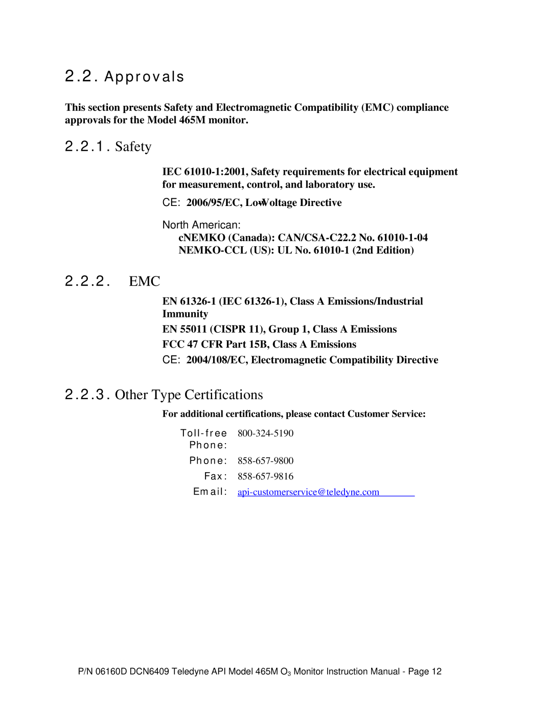 Teledyne 465M instruction manual Approvals, Safety, Emc, Other Type Certifications, North American 