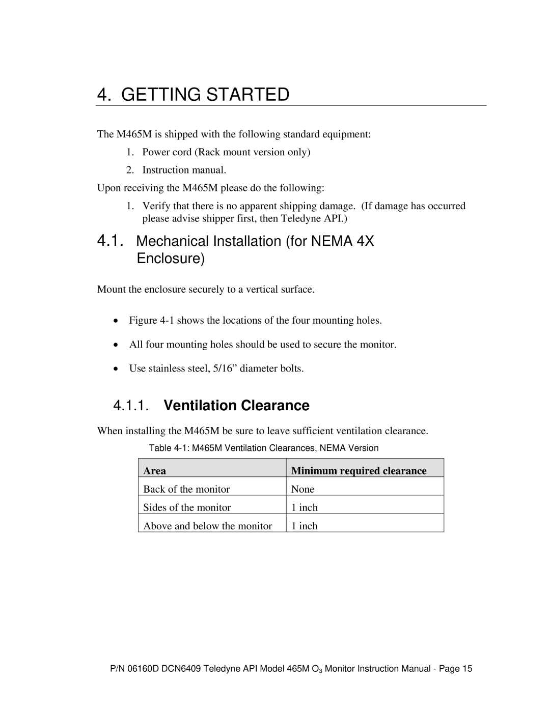 Teledyne 465M instruction manual Getting Started, Mechanical Installation for Nema 4X Enclosure, Ventilation Clearance 