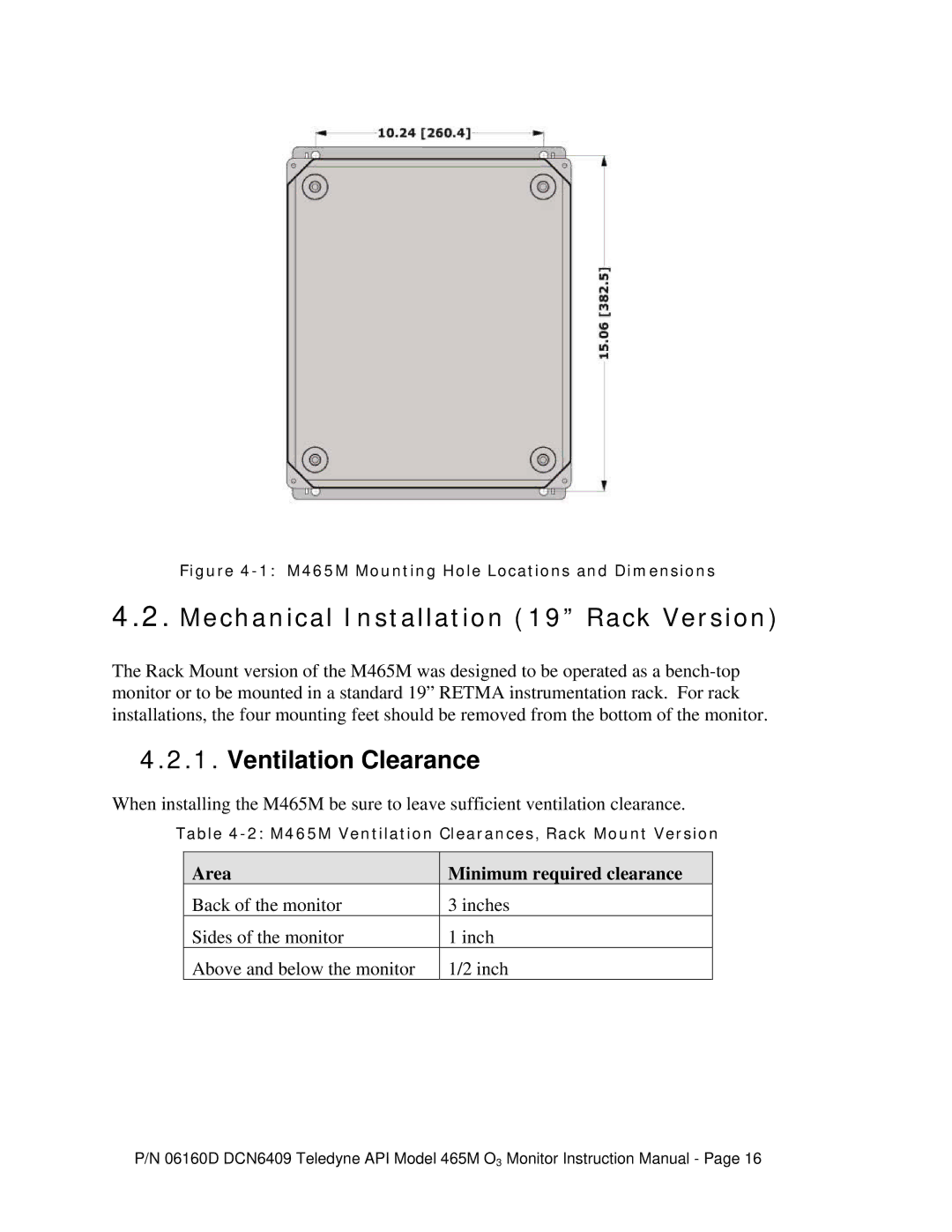 Teledyne instruction manual Mechanical Installation 19 Rack Version, M465M Mounting Hole Locations and Dimensions 