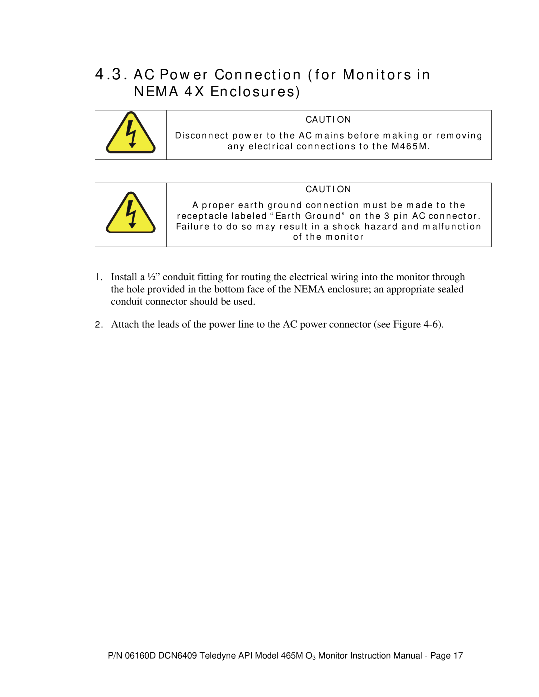 Teledyne 465M instruction manual AC Power Connection for Monitors in Nema 4X Enclosures 