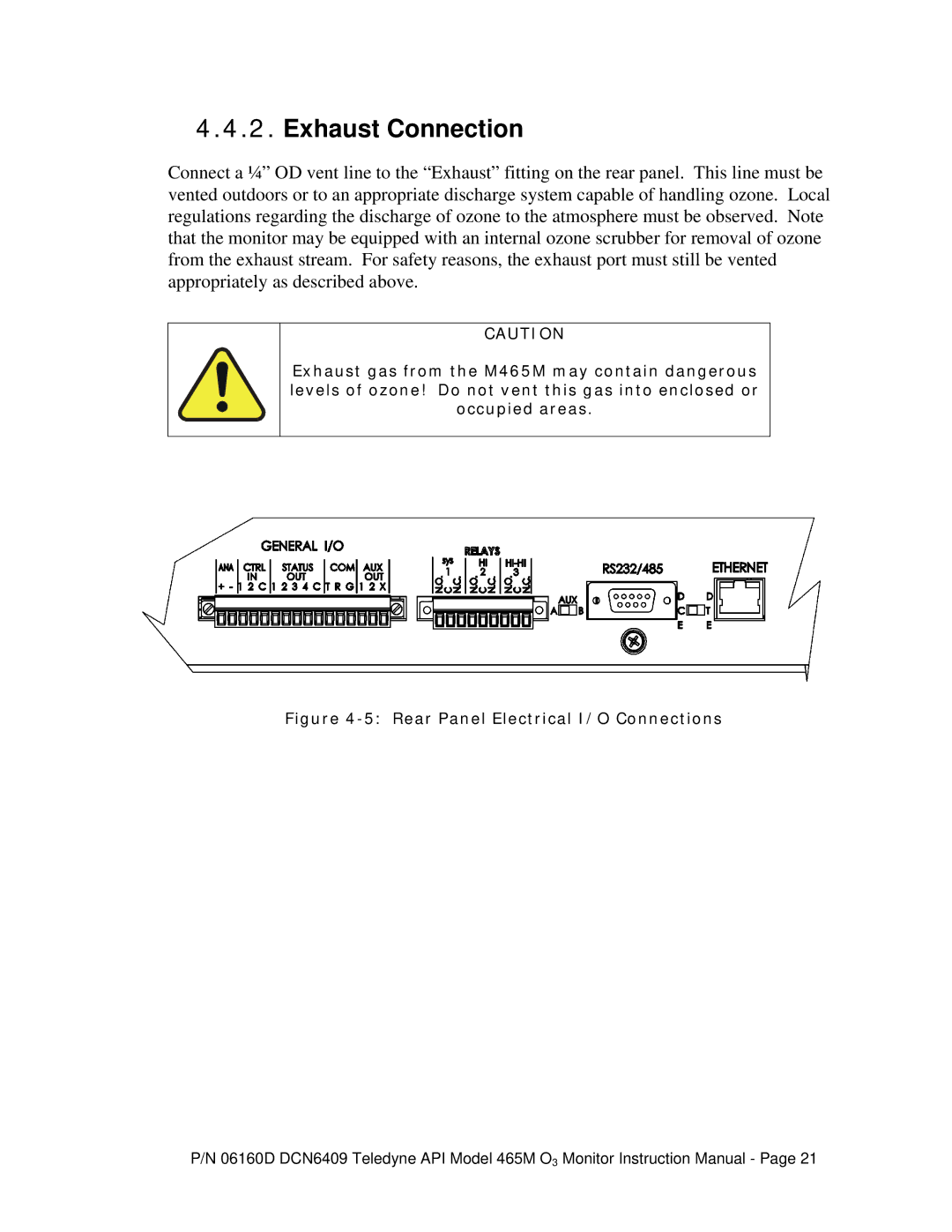 Teledyne 465M instruction manual Exhaust Connection, Rear Panel Electrical I/O Connections 