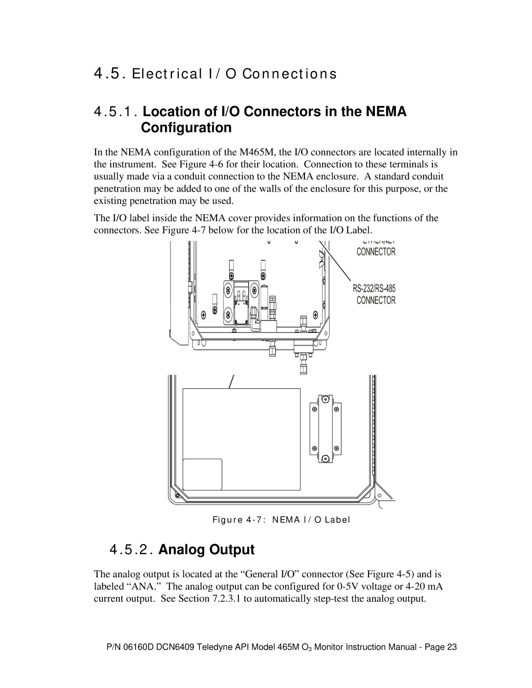 Teledyne 465M Electrical I/O Connections, Location of I/O Connectors in the Nema Configuration, Analog Output 