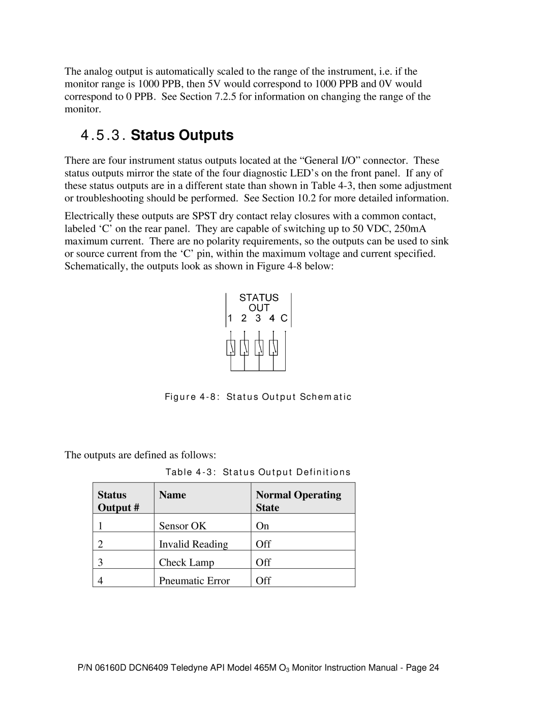 Teledyne 465M instruction manual Status Outputs, Status Name Normal Operating Output # State 