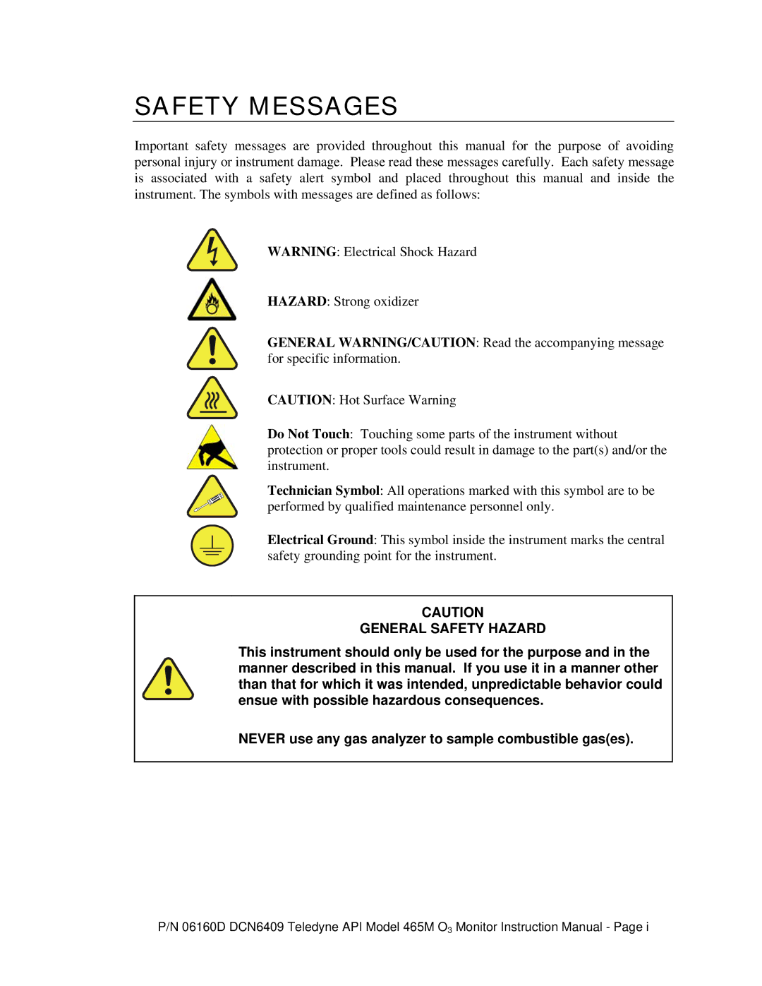 Teledyne 465M instruction manual Safety Messages, General Safety Hazard 