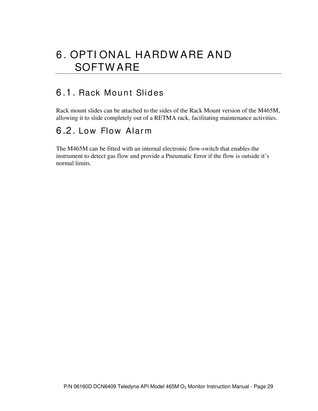 Teledyne 465M instruction manual Optional Hardware and Software, Rack Mount Slides, Low Flow Alarm 