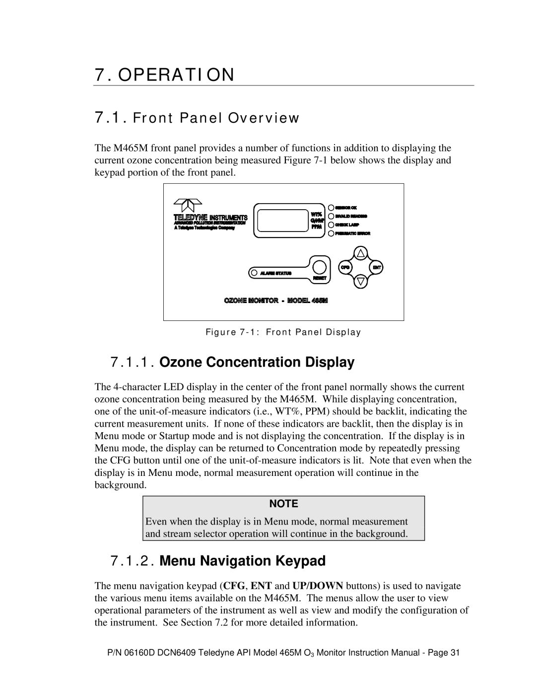 Teledyne 465M instruction manual Operation, Front Panel Overview, Ozone Concentration Display, Menu Navigation Keypad 