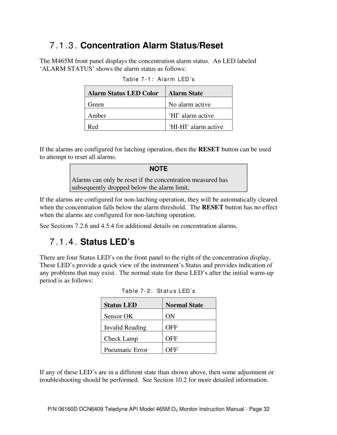 Teledyne 465M Concentration Alarm Status/Reset, Status LED’s, Alarm Status LED Color Alarm State, Status LED Normal State 