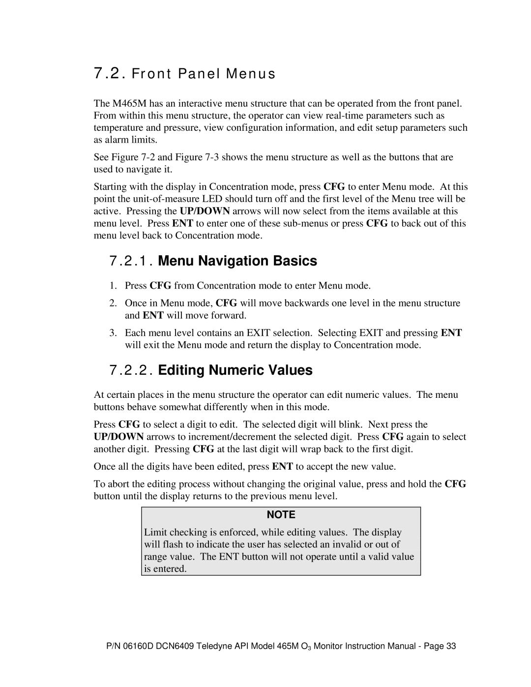 Teledyne 465M instruction manual Front Panel Menus, Menu Navigation Basics, Editing Numeric Values 