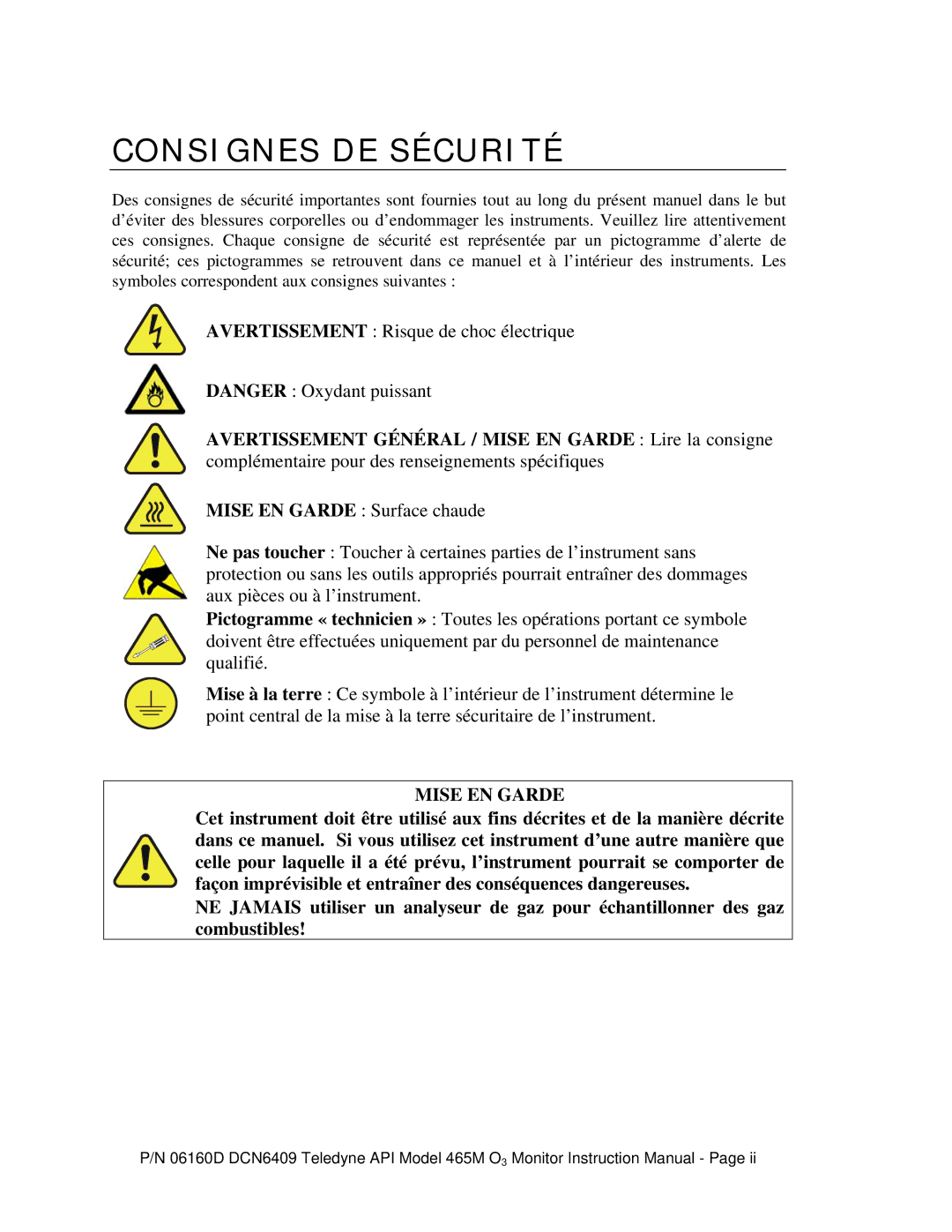 Teledyne 465M instruction manual Consignes DE Sécurité, Mise EN Garde 