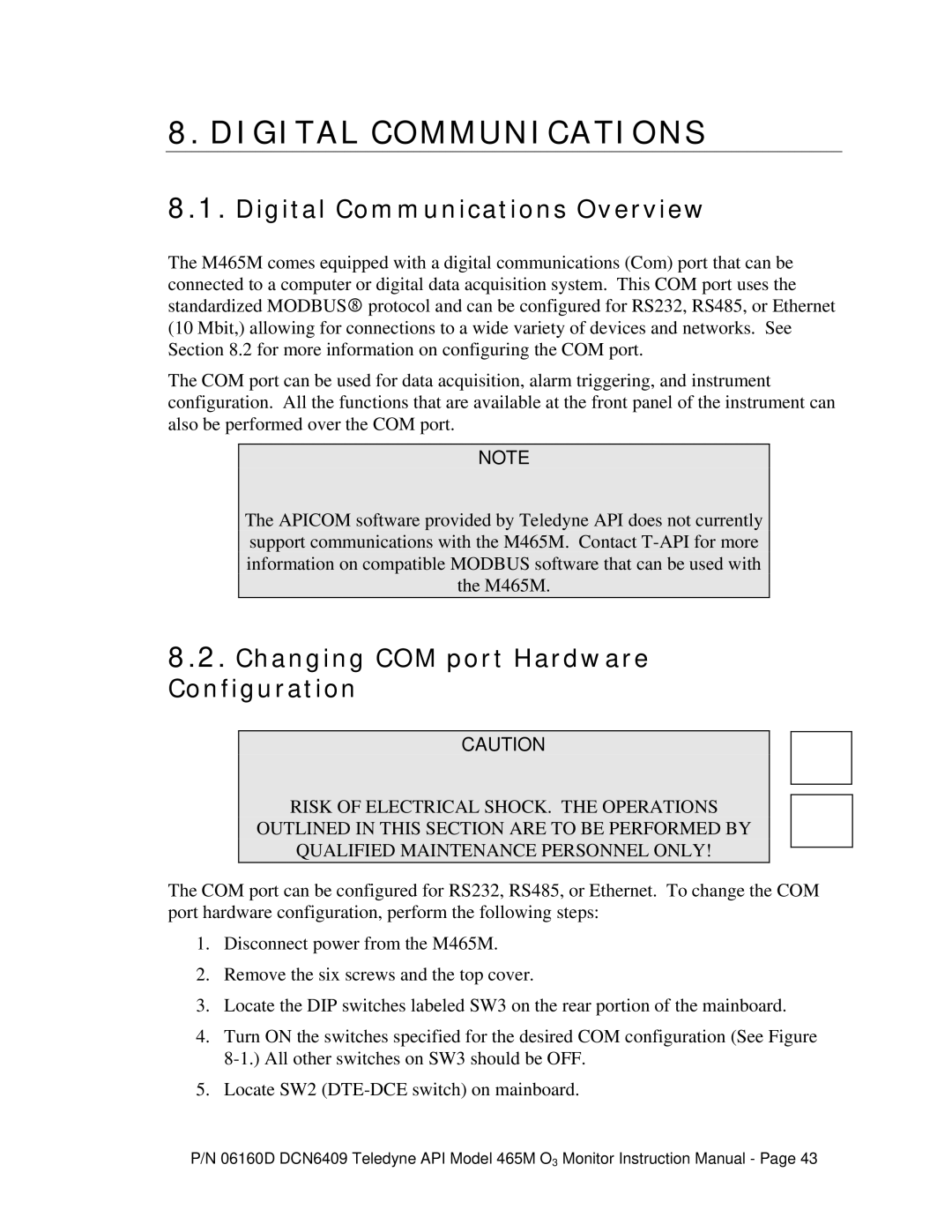 Teledyne 465M instruction manual Digital Communications Overview, Changing COM port Hardware Configuration 