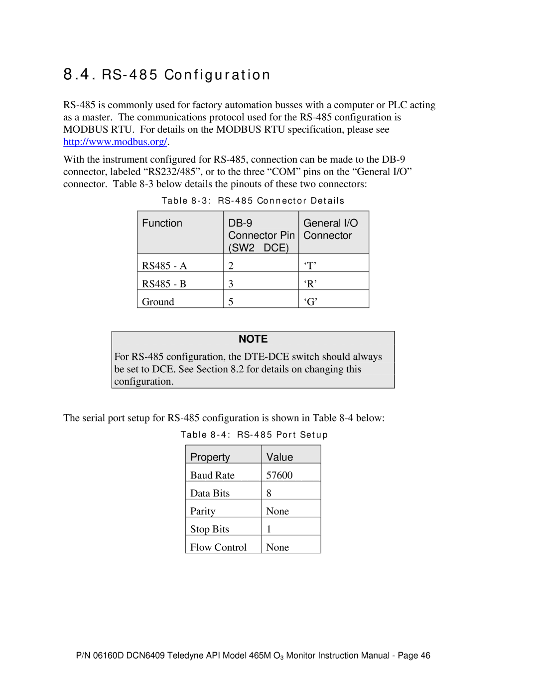 Teledyne 465M instruction manual RS-485 Configuration, Function DB-9 General I/O Connector Pin SW2 DCE 