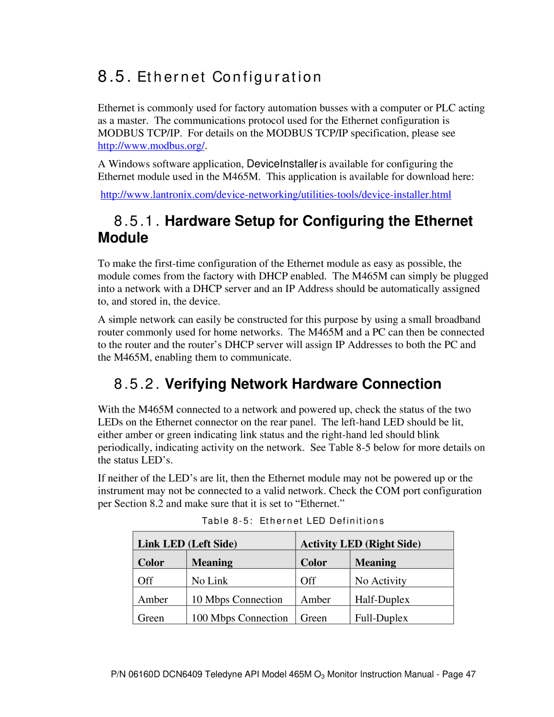 Teledyne 465M instruction manual Ethernet Configuration, Hardware Setup for Configuring the Ethernet Module 