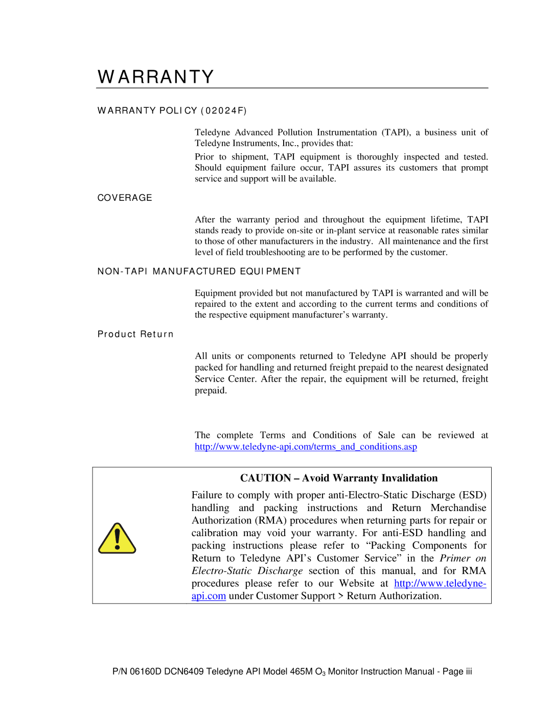 Teledyne 465M instruction manual Warranty 