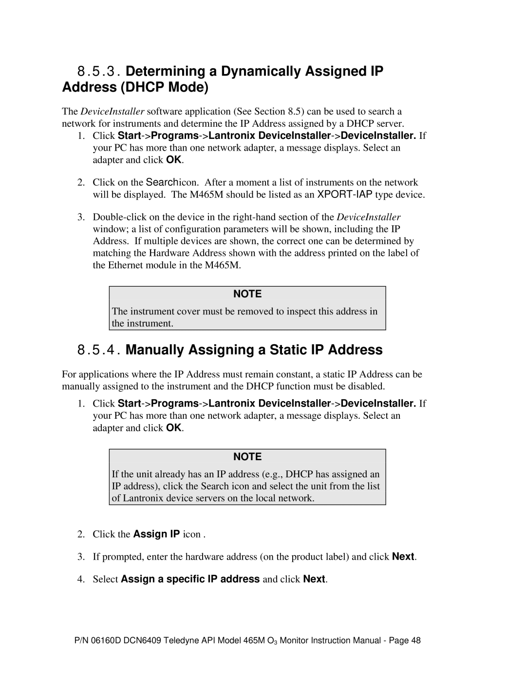 Teledyne 465M Determining a Dynamically Assigned IP Address Dhcp Mode, Manually Assigning a Static IP Address 