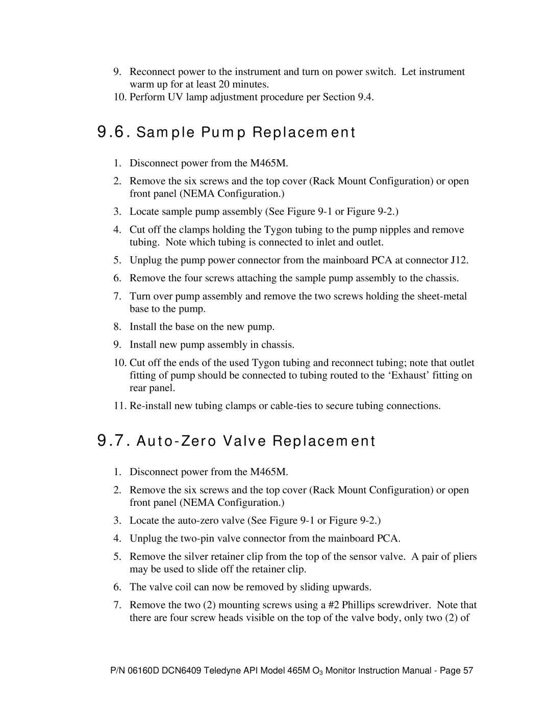 Teledyne 465M instruction manual Sample Pump Replacement, Auto-Zero Valve Replacement 