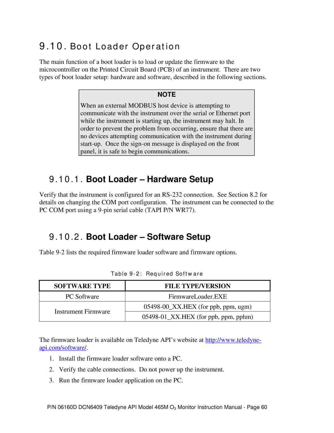 Teledyne 465M instruction manual Boot Loader Operation, Boot Loader Hardware Setup, Boot Loader Software Setup 