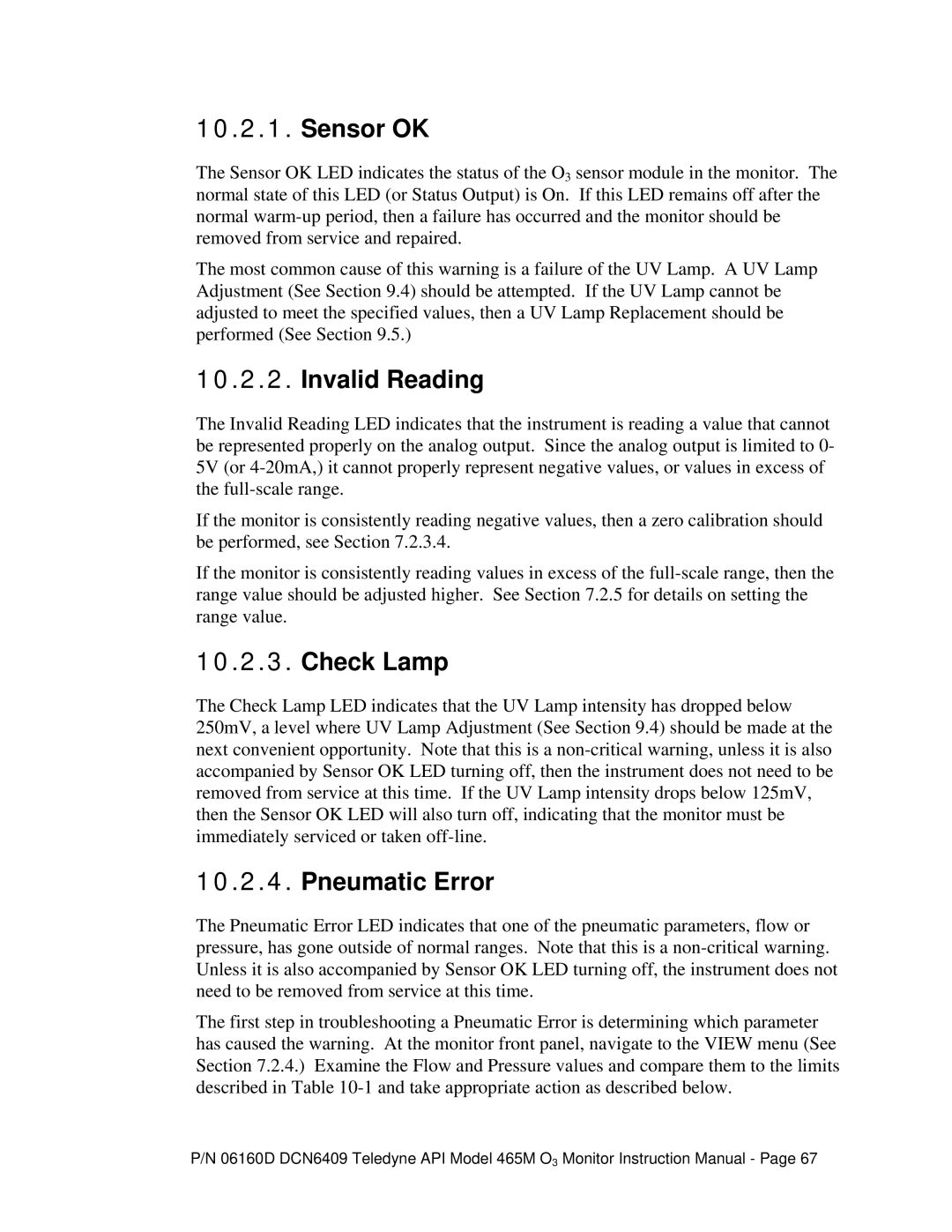 Teledyne 465M instruction manual Sensor OK, Invalid Reading, Check Lamp, Pneumatic Error 