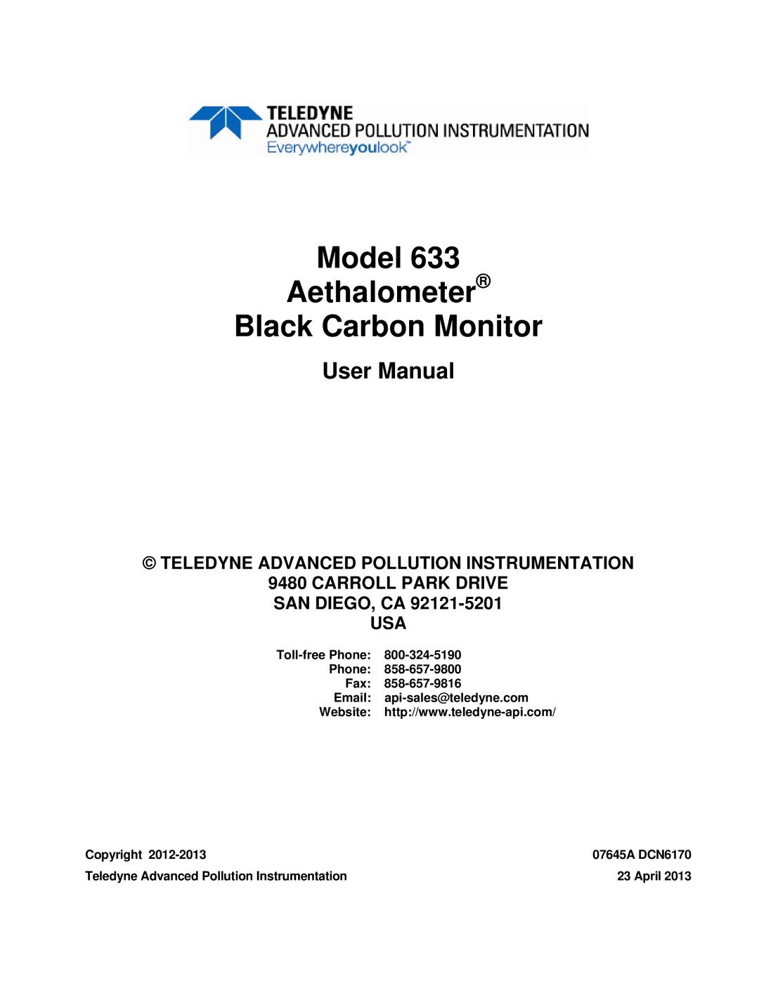 Teledyne 633 user manual Model Aethalometer Black Carbon Monitor 