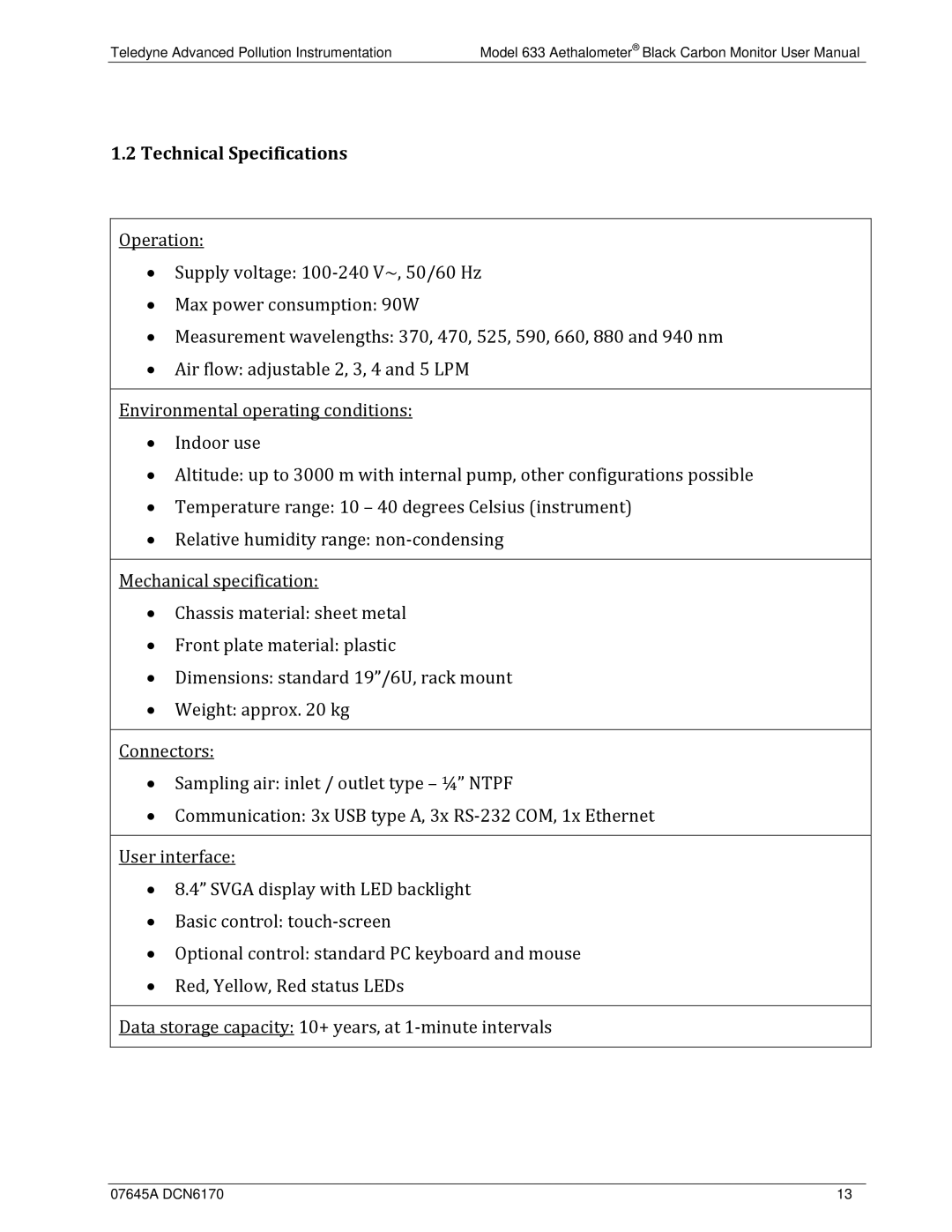 Teledyne 633 user manual Technical Specifications 