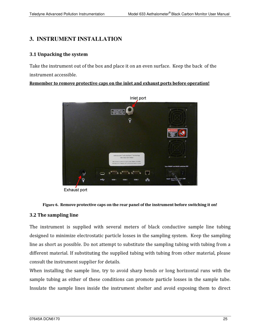 Teledyne 633 user manual Unpacking the system, Sampling line 