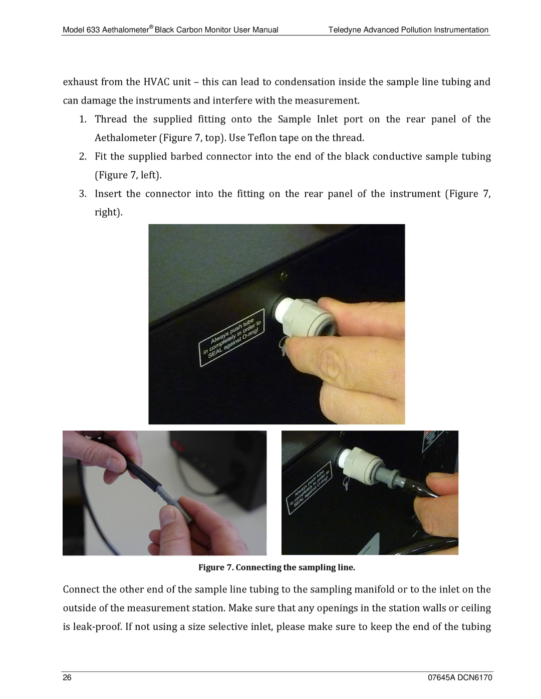 Teledyne 633 user manual Connecting the sampling line 