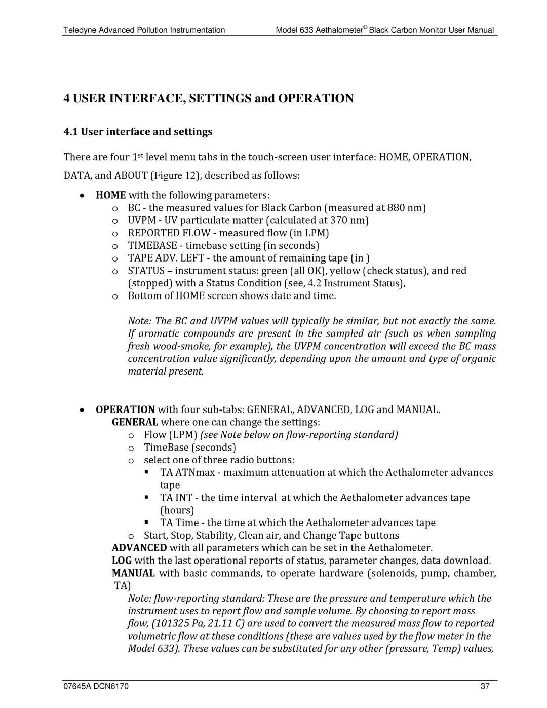 Teledyne 633 user manual User INTERFACE, Settings and Operation, User interface and settings 