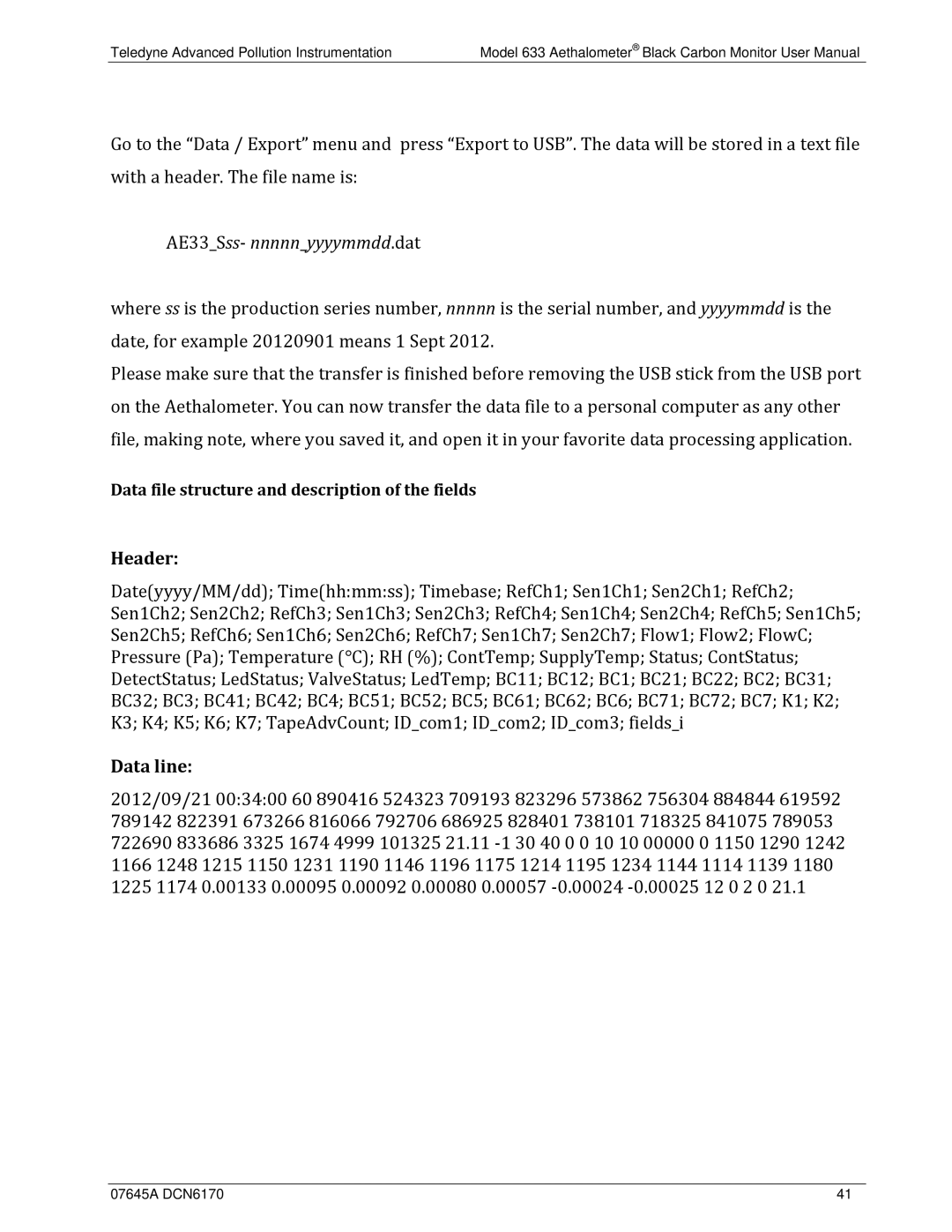 Teledyne 633 user manual Header, Data line 