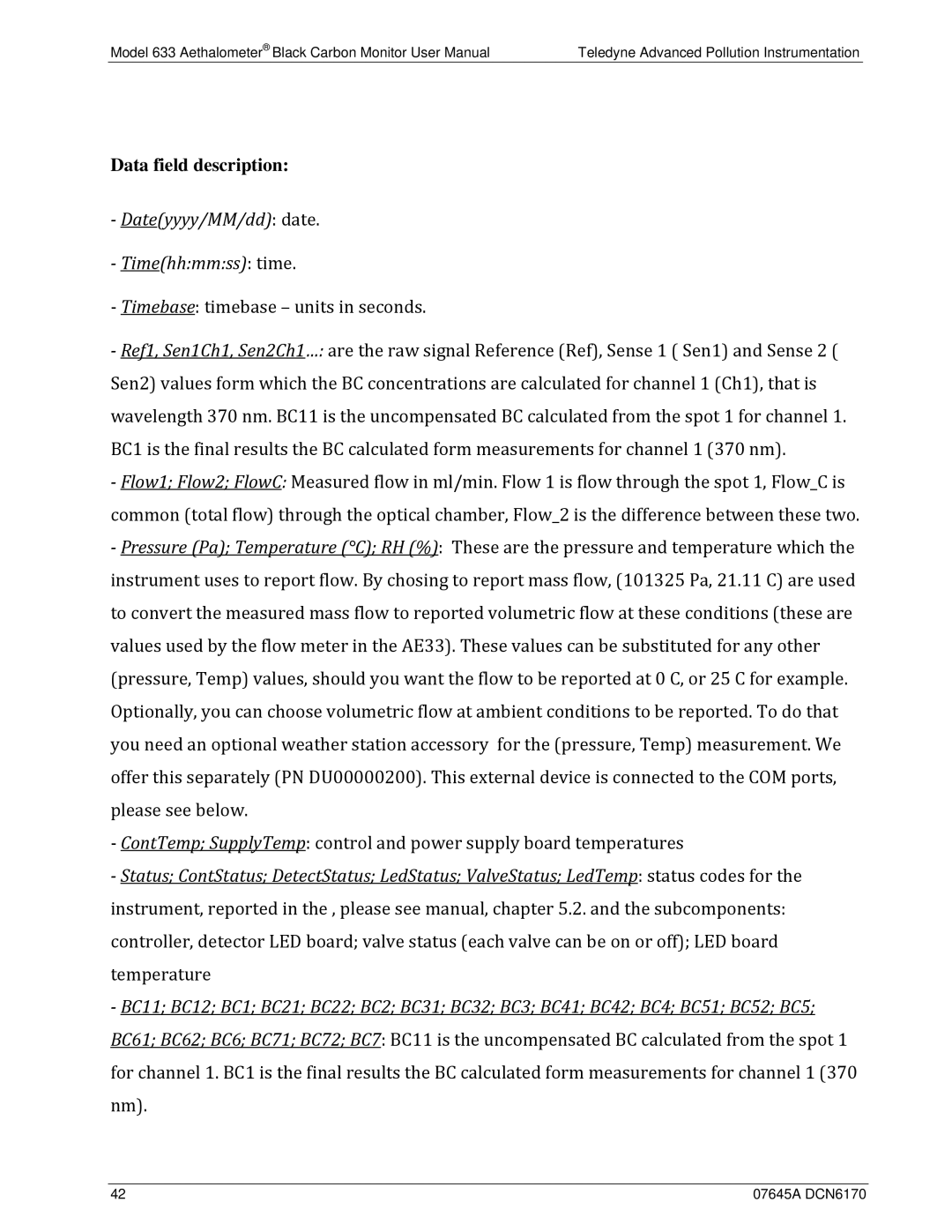 Teledyne 633 user manual Data field description 