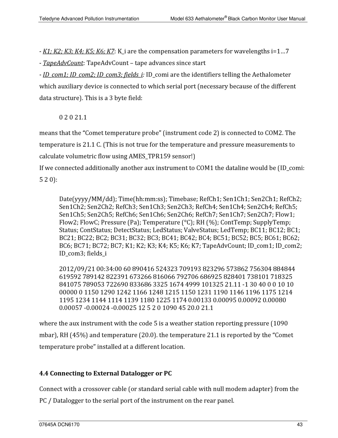 Teledyne 633 user manual Connecting to External Datalogger or PC 